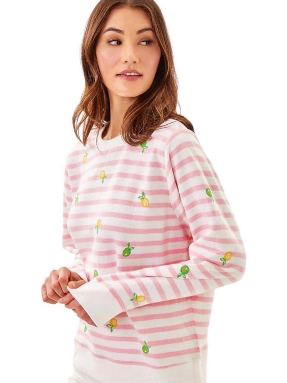 Lilly Pulitzer Ballad Sweatshirt XS Pink White Lemon Limeade Stripe Coastal